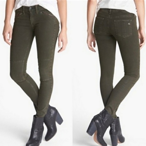 Rag & bone Ridley Moto Skinny Jeans in Wax Dark Olive Size 26 Zipper Pockets. - Picture 1 of 9